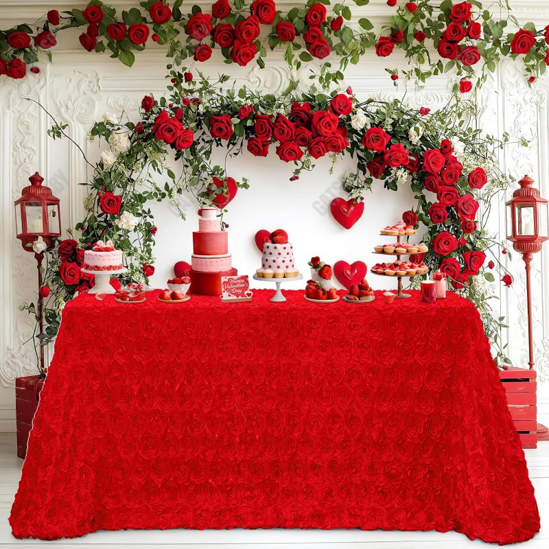 B.Cool B-COOL Red Rosette Tablecloth 60x102 Inch 3D Floral Satin Table Overlay Valentines Wedding Table Cloth Red Flowers Table Fabric Celebration Birthday Rectangle Table Linen - Image 1